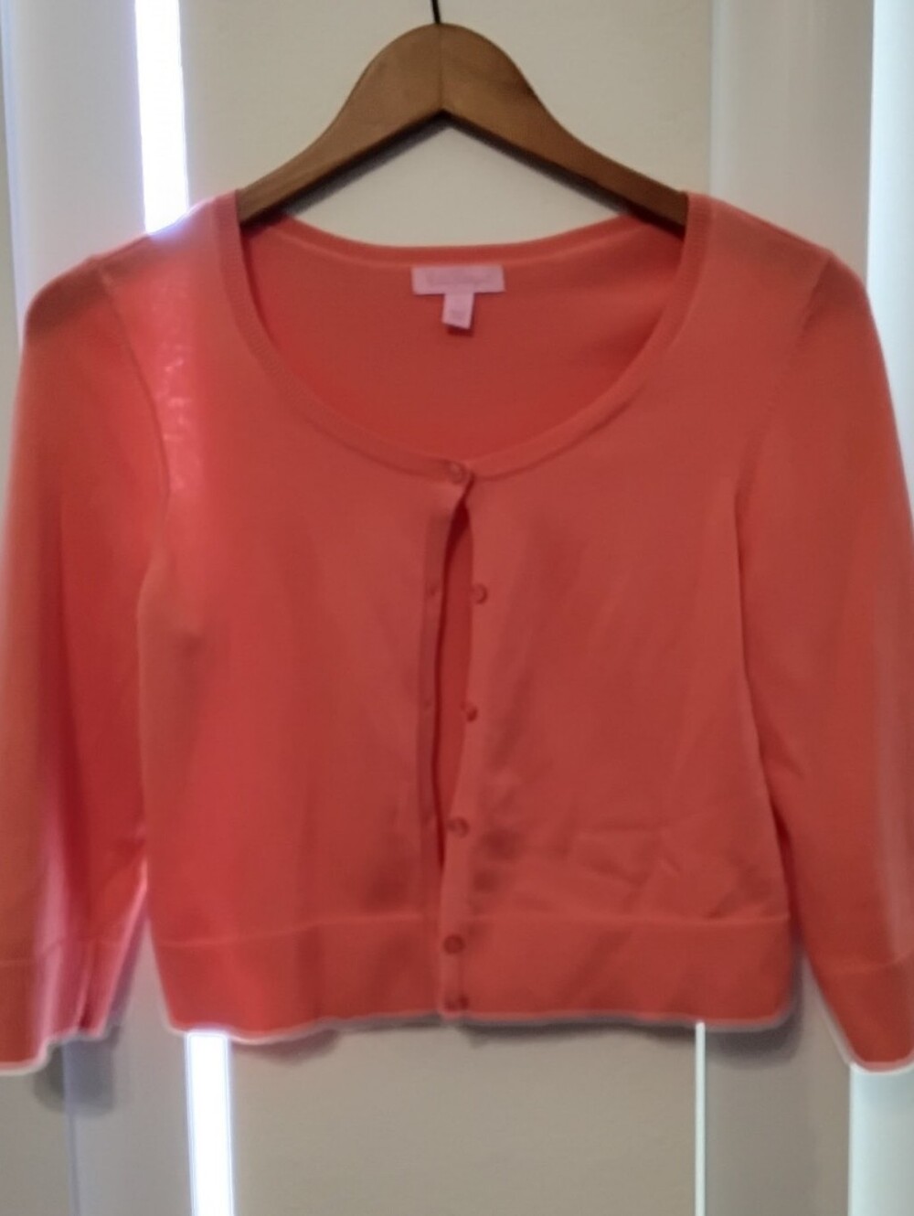 Lilly Pulitzer Hillary Coral Cropped Cardigan Sweater Size L 3/4 Sleeve Knit